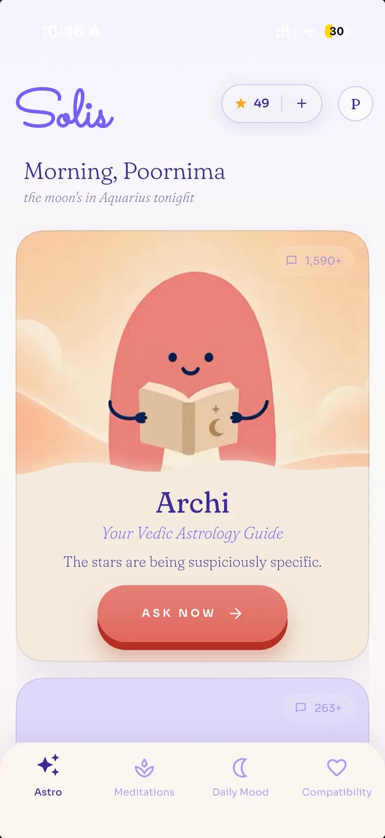 Archi, your Vedic astrology guide, on the Solis home screen