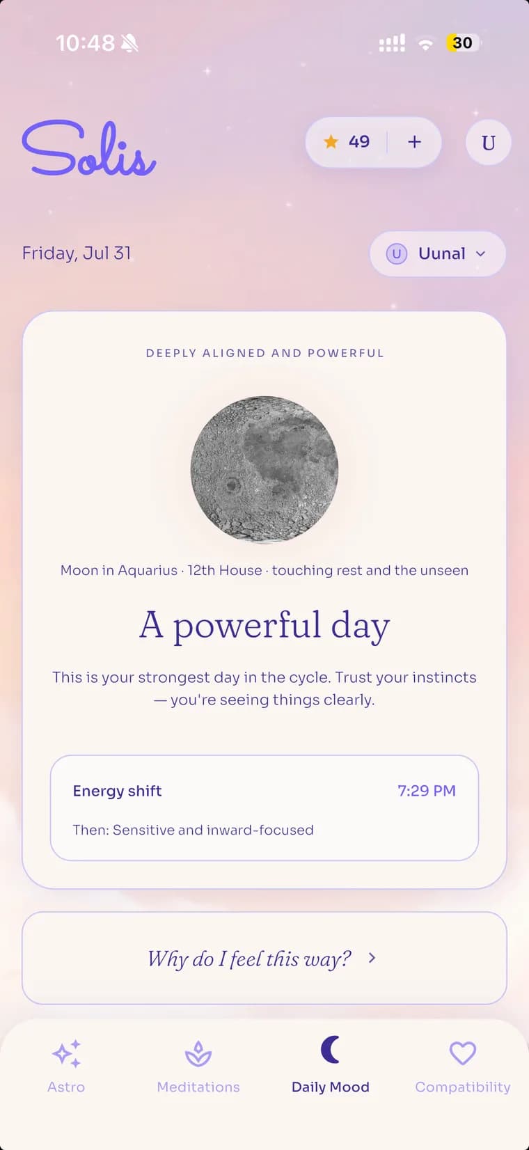 The Daily Mood screen showing the Moon in Aquarius and a forecast for the day